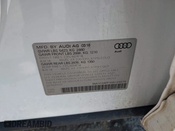 2016 Audi Q5 Premium with VIN WA1C2AFP1GA124679, listed as a IAAI auction lot 41775443 with 88,546 mi miles and . Bid and sale history available at DreamBid. Image 9.