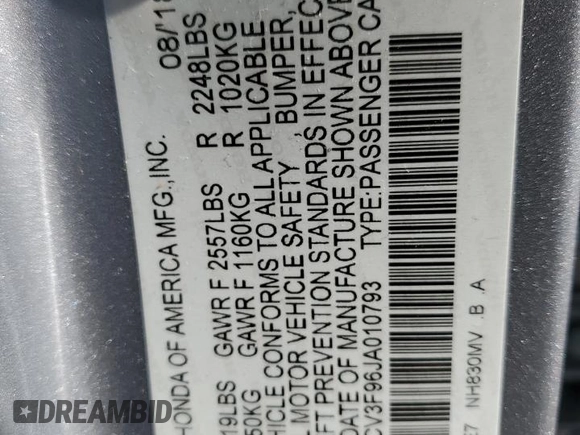 2018 Honda Accord Touring z VIN 1HGCV3F96JA010793, wystawiony jako Copart lot #48586605 z przebiegiem 41 666 mil mil oraz Szkoda całkowita • Salvage title. Historia ofert i sprzedaży dostępna na DreamBid. Obrazek 12.