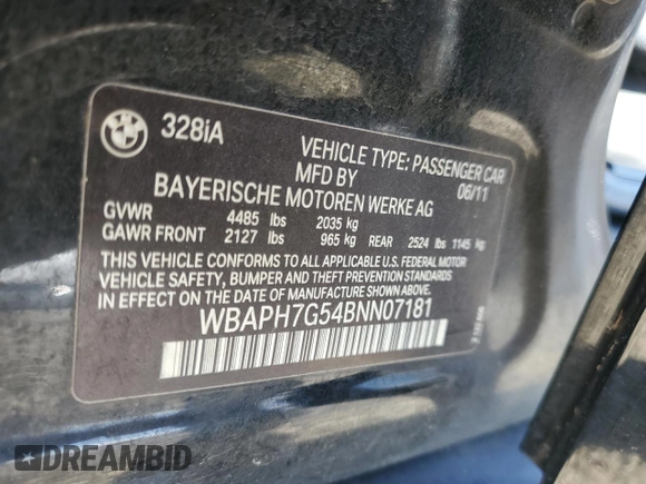 2011 BMW 3 Series 328i with VIN WBAPH7G54BNN07181, listed as a Copart auction lot 46113175 with 122,915 mi miles and Salvage Title. Bid and sale history available at carsss.com. Image 12.