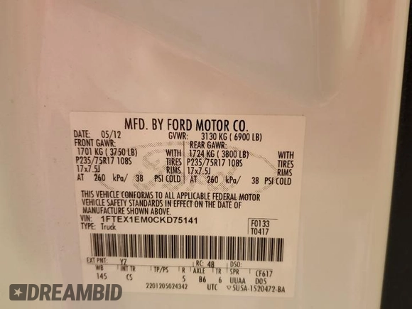 2012 Ford F-150 XL with VIN 1FTEX1EM0CKD75141, listed as a Copart auction lot 89303895 with 119,989 mi miles and Clean Title. Bid and sale history available at carsss.com. Image 12.