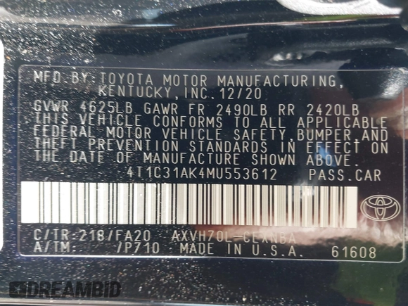 2021 Toyota Camry Hybrid LE with VIN 4T1C31AK4MU553612, listed as a IAAI auction lot 41609111 with 34,399 mi miles. Bid and sale history available at carsss.com. Image 9.