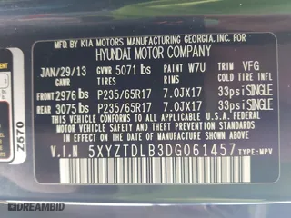 2013 Hyundai Santa Fe Sport with VIN 5XYZTDLB3DG061457, listed as a IAAI auction lot 41796148 with 115,777 mi miles. Bid and sale history available at carsss.com. Image 9.