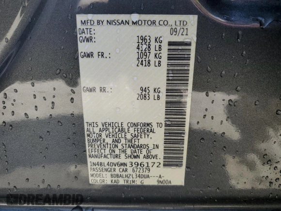 2021 Nissan Altima SV with VIN 1N4BL4DV6MN396172, listed as a Copart auction lot 48780375 with 42,839 mi miles and Clean Title. Bid and sale history available at carsss.com. Image 12.