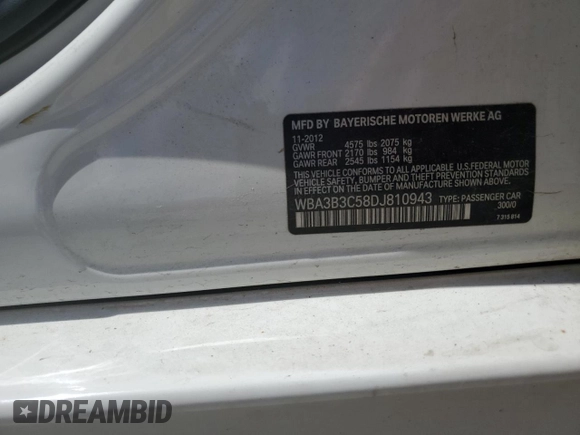 2013 BMW 3 Series 328i xDrive with VIN WBA3B3C58DJ810943, listed as a Copart auction lot 61365765 with 151,991 mi miles and Clean title. Bid and sale history available at DreamBid. Image 12.