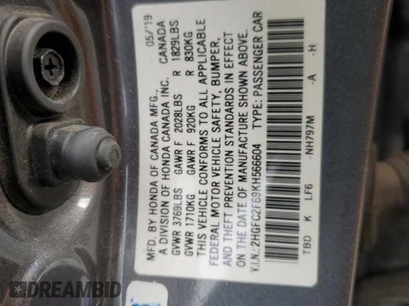 2019 Honda Civic LX with VIN 2HGFC2F69KH566604, listed as a Copart auction lot 47246575 with 127,755 mi miles and Salvage Title. Bid and sale history available at DreamBid. Image 12.