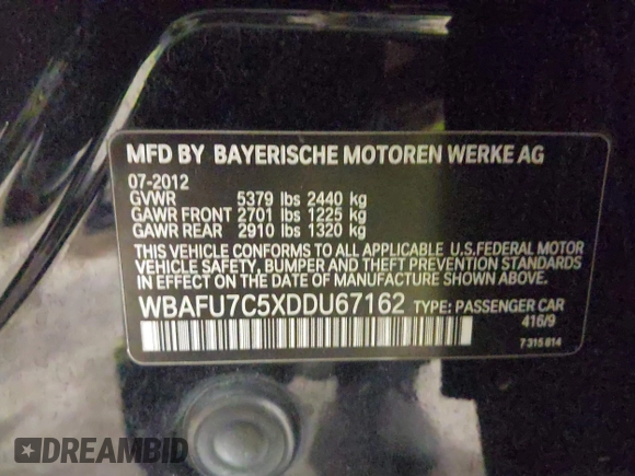 2013 BMW 5 Series 535i xDrive with VIN WBAFU7C5XDDU67162, listed as a IAAI auction lot 41741520 with 143,998 mi miles and . Bid and sale history available at carsss.com. Image 9.