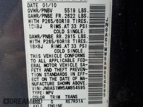 2010 Infiniti FX z VIN JN8AS1MW5AM854595, wystawiony jako Copart lot #43969035 z przebiegiem Nie podano mil oraz Szkoda całkowita • Salvage title. Historia ofert i sprzedaży dostępna na DreamBid. Obrazek 15.