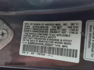 2011 Honda CR-V LX with VIN 5J6RE4H3XBL093247, listed as a IAAI auction lot 41824687 with 168,482 mi miles. Bid and sale history available at carsss.com. Image 9.