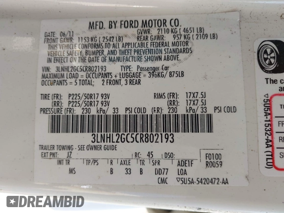 2012 Lincoln MKZ with VIN 3LNHL2GC5CR802193, listed as a IAAI auction lot 42576576 with 100,633 mi miles and . Bid and sale history available at DreamBid. Image 9.