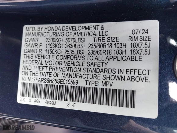 2025 Honda CR-V Hybrid Sport-L with VIN 7FARS6H85SE019599, listed as a IAAI auction lot 41611114 with 1,605 mi miles. Bid and sale history available at carsss.com. Image 9.