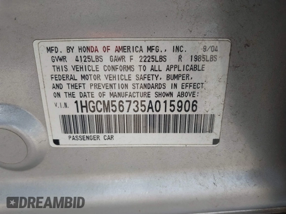 2005 Honda Accord EX with VIN 1HGCM56735A015906, listed as a IAAI auction lot 42127895 with 204,056 mi miles and . Bid and sale history available at DreamBid. Image 9.