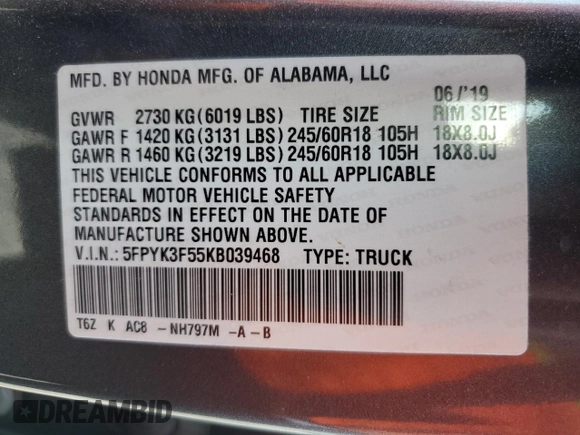 2019 Honda Ridgeline RTL z VIN 5FPYK3F55KB039468, wystawiony jako Copart lot #65280365 z przebiegiem 44 416 mil mil oraz Szkoda całkowita • Salvage title. Historia ofert i sprzedaży dostępna na DreamBid. Obrazek 13.