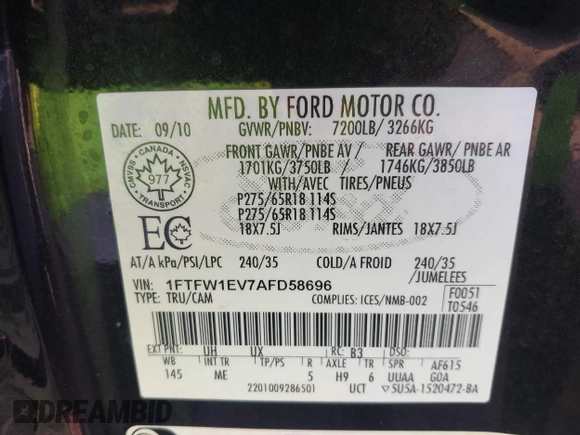 2010 Ford F-150 XL with VIN 1FTFW1EV7AFD58696, listed as a IAAI auction lot 42584267 with 165,635 mi miles and . Bid and sale history available at DreamBid. Image 9.