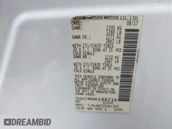 2017 Nissan Murano Platinum z VIN 5N1AZ2MH6HN188216, wystawiony jako IAAI lot #41442736 z przebiegiem 97 429 mil mil oraz . Historia ofert i sprzedaży dostępna na DreamBid. Obrazek 9.
