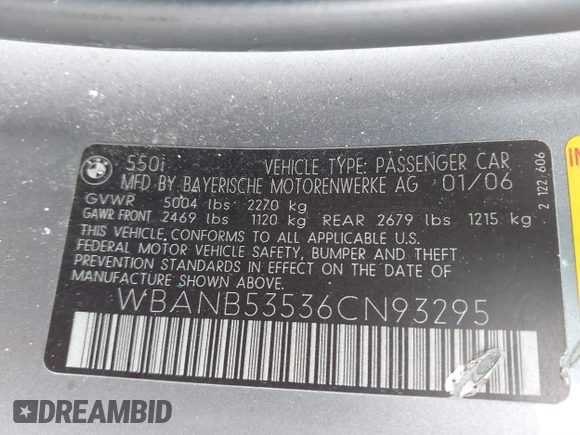 2006 BMW 5 Series 550i with VIN WBANB53536CN93295, listed as a IAAI auction lot 41842345 with 165,488 mi miles and . Bid and sale history available at DreamBid. Image 9.