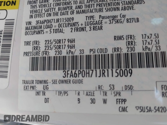 2018 Ford Fusion SE with VIN 3FA6P0H71JR115009, listed as a IAAI auction lot 40270894 with 54,508 mi miles. Bid and sale history available at carsss.com. Image 9.