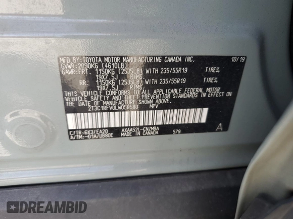 2020 Toyota RAV4 XLE Premium with VIN 2T3C1RFV0LW058580, listed as a Copart auction lot 49551815 with 127,615 mi miles and Salvage Title. Bid and sale history available at carsss.com. Image 15.