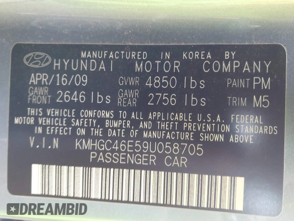 2009 Hyundai Genesis with VIN KMHGC46E59U058705, listed as a IAAI auction lot 41677047 with 115,173 mi miles and . Bid and sale history available at DreamBid. Image 9.