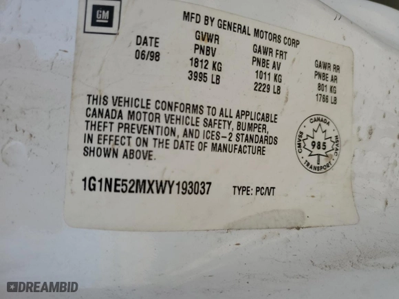 1998 Chevrolet Malibu LS with VIN 1G1NE52MXWY193037, listed as a Copart auction lot 64394084 with 216,818 mi miles and Salvage Title. Bid and sale history available at carsss.com. Image 12.