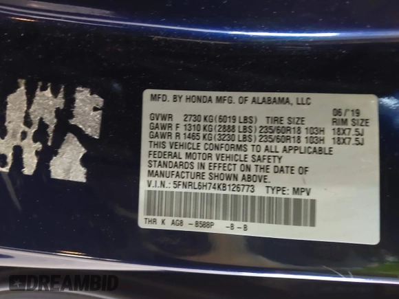 2019 Honda Odyssey EX-L z VIN 5FNRL6H74KB126773, wystawiony jako IAAI lot #41800523 z przebiegiem 46 982 mil mil oraz . Historia ofert i sprzedaży dostępna na DreamBid. Obrazek 9.