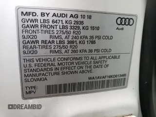 2019 Audi Q8 Premium z VIN WA1AVAF16KD013465, wystawiony jako Copart lot #88467105 z przebiegiem 54 678 mil mil oraz Szkoda całkowita • Salvage title. Historia ofert i sprzedaży dostępna na DreamBid. Obrazek 13.