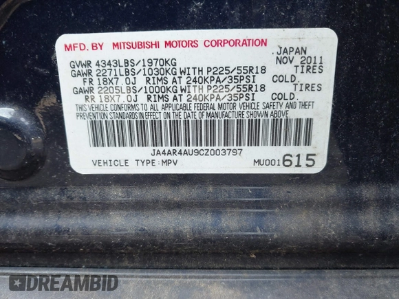 2012 Mitsubishi Outlander Sport SE with VIN JA4AR4AU9CZ003797, listed as a IAAI auction lot 41492371 with 45,225 mi miles. Bid and sale history available at carsss.com. Image 9.