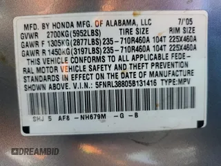 2005 Honda Odyssey Touring z VIN 5FNRL38805B131416, wystawiony jako Copart lot #59157395 z przebiegiem 263 087 mil mil oraz Szkoda całkowita • Salvage title. Historia ofert i sprzedaży dostępna na DreamBid. Obrazek 13.