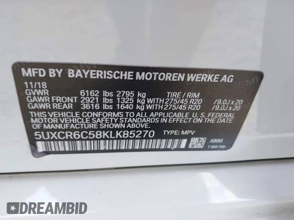 2019 BMW X5 xDrive40i with VIN 5UXCR6C58KLK85270, listed as a IAAI auction lot 42151053 with 81,681 mi miles and . Bid and sale history available at DreamBid. Image 9.