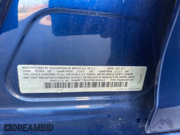 2007 Volkswagen Jetta 2.5 with VIN 3VWRF71K07M133263, listed as a Copart auction lot 57188265 with 136,825 mi miles and Clean title. Bid and sale history available at DreamBid. Image 10.