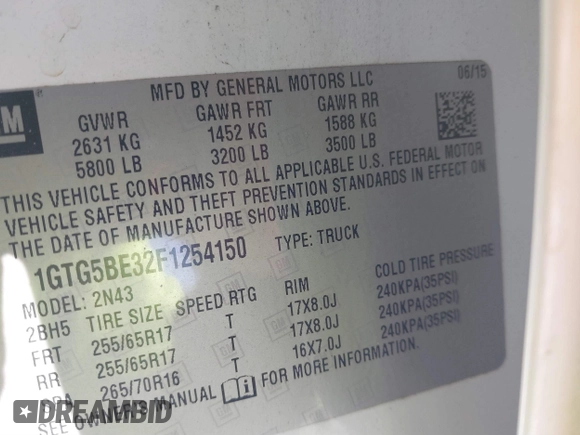 2015 GMC Canyon 2WD SLE with VIN 1GTG5BE32F1254150, listed as a IAAI auction lot 41380439 with 129,098 mi miles. Bid and sale history available at carsss.com. Image 9.