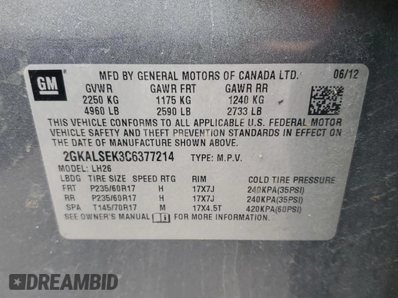 2012 GMC Terrain SLE-2 z VIN 2GKALSEK3C6377214, wystawiony jako Copart lot #59739115 z przebiegiem 116 093 mil mil oraz Czysty tytuł • Clean title. Historia ofert i sprzedaży dostępna na DreamBid. Obrazek 13.