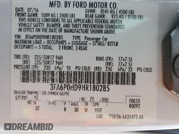 2017 Ford Fusion SE with VIN 3FA6P0HD9HR180285, listed as a Copart auction lot 50010175 with 111,392 mi miles and Salvage Title. Bid and sale history available at carsss.com. Image 12.