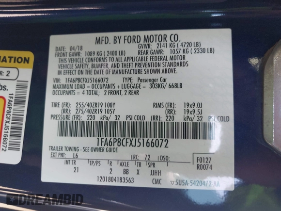 2018 Ford Mustang GT with VIN 1FA6P8CFXJ5166072, listed as a IAAI auction lot 42035790 with 46,806 mi miles and . Bid and sale history available at DreamBid. Image 9.