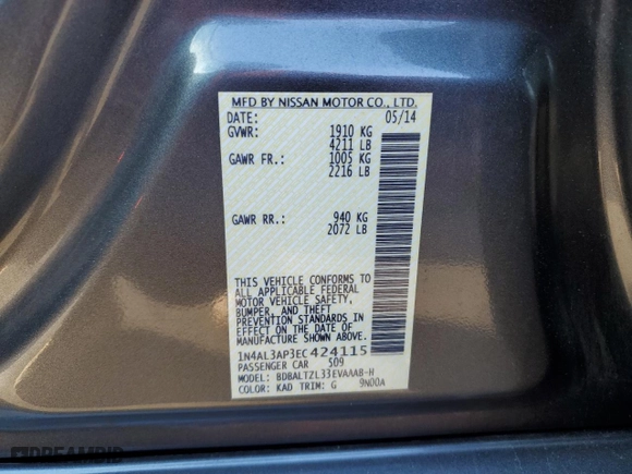 2014 Nissan Altima 2.5 with VIN 1N4AL3AP3EC424115, listed as a Copart auction lot 73502844 with 27,763 mi miles and Salvage Title. Bid and sale history available at carsss.com. Image 13.