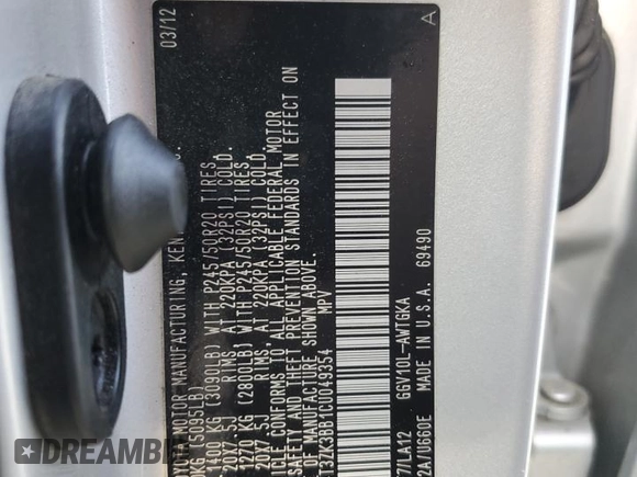 2012 Toyota Venza LE with VIN 4T3ZK3BB1CU049354, listed as a Copart auction lot 55744365 with 182,261 mi miles and Salvage title. Bid and sale history available at DreamBid. Image 14.