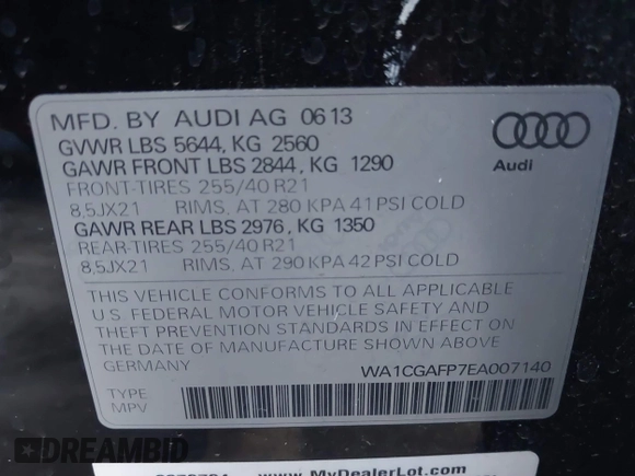 2014 Audi SQ5 Premium Plus with VIN WA1CGAFP7EA007140, listed as a IAAI auction lot 41881202 with 189,450 mi miles. Bid and sale history available at carsss.com. Image 9.