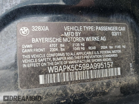 2011 BMW 3 Series 328i xDrive z VIN WBAPK5C59BA995157, wystawiony jako Copart lot #61009055 z przebiegiem 112 455 mil mil oraz Szkoda całkowita • Salvage title. Historia ofert i sprzedaży dostępna na DreamBid. Obrazek 12.