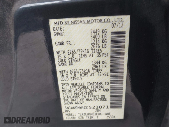 2012 Nissan Xterra S with VIN 5N1AN0NW4CC523071, listed as a IAAI auction lot 41874263 with 154,556 mi miles and . Bid and sale history available at DreamBid. Image 9.