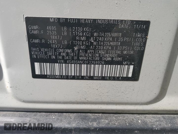 2015 Subaru Outback Limited with VIN 4S4BSANC0F3259926, listed as a Copart auction lot 54920005 with 55,329 mi miles and Salvage Title. Bid and sale history available at DreamBid. Image 13.