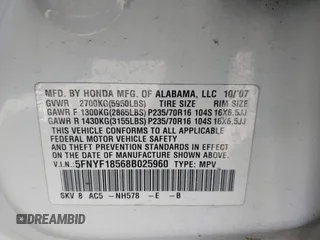 2008 Honda Pilot EX-L with VIN 5FNYF18568B025960, listed as a IAAI auction lot 42100571 with 206,437 mi miles. Bid and sale history available at carsss.com. Image 9.