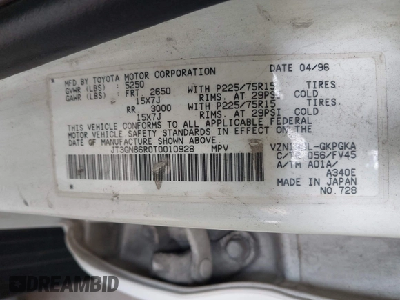 1996 Toyota 4Runner SR5 z VIN JT3GN86R0T0010928, wystawiony jako IAAI lot #42494062 z przebiegiem 219 451 mil mil oraz . Historia ofert i sprzedaży dostępna na DreamBid. Obrazek 9.