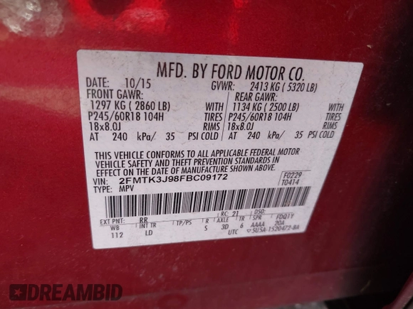 2015 Ford Edge SEL with VIN 2FMTK3J98FBC09172, listed as a IAAI auction lot 41341529 with 131,325 mi miles. Bid and sale history available at carsss.com. Image 9.
