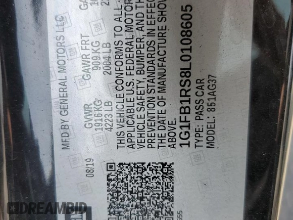 2020 Chevrolet Camaro 1LT z VIN 1G1FB1RS8L0108605, wystawiony jako Copart lot #55069765 z przebiegiem Nie podano mil oraz Szkoda całkowita • Salvage title. Historia ofert i sprzedaży dostępna na DreamBid. Obrazek 12.