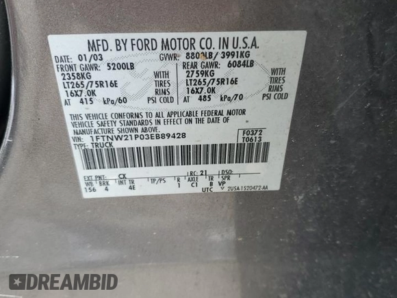 2003 Ford F-250 XL with VIN 1FTNW21P03EB89428, listed as a Copart auction lot 53090215 with 238,557 mi miles and Salvage title. Bid and sale history available at DreamBid. Image 13.