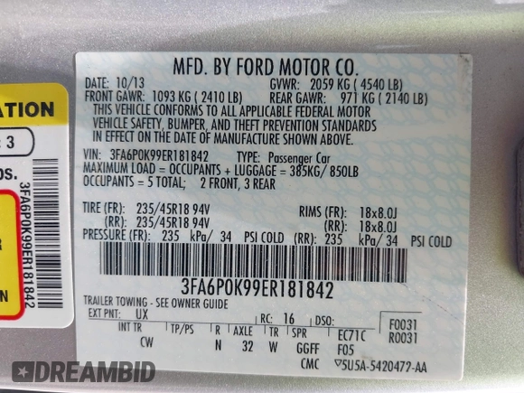 2014 Ford Fusion Titanium with VIN 3FA6P0K99ER181842, listed as a IAAI auction lot 42093066 with 115,798 mi miles. Bid and sale history available at carsss.com. Image 9.