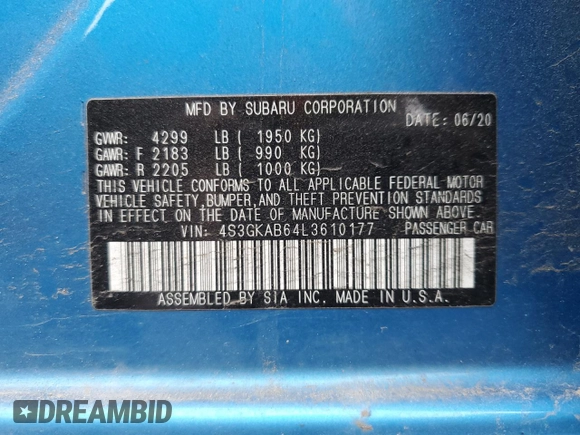 2020 Subaru Impreza with VIN 4S3GKAB64L3610177, listed as a Copart auction lot 54890585 with 14,256 mi miles and Salvage title. Bid and sale history available at DreamBid. Image 12.
