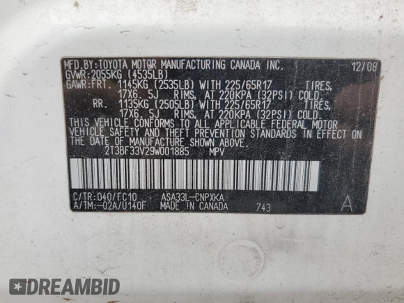 2009 Toyota RAV4 with VIN 2T3BF33V29W001885, listed as a Copart auction lot 55499505 with 279,889 mi miles and Clean Title. Bid and sale history available at DreamBid. Image 13.