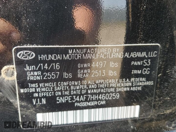 2017 Hyundai Sonata Sport with VIN 5NPE34AF7HH460259, listed as a Copart auction lot 56173925 with 86,840 mi miles and Salvage Title. Bid and sale history available at DreamBid. Image 12.
