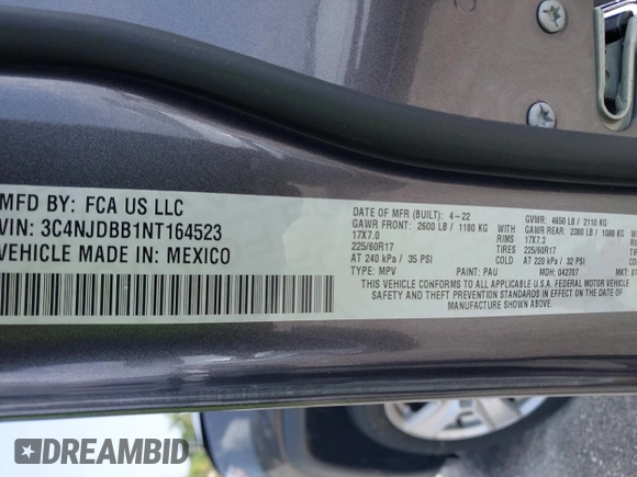 2022 Jeep Compass Latitude с VIN 3C4NJDBB1NT164523, выставлен на аукционе IAAI как лот 42452927 с пробегом 38 764 миль миль и . История ставок и продаж доступна на DreamBid. Изображение 9.