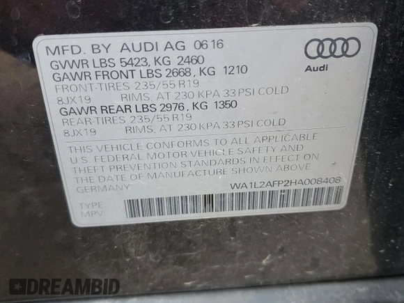 2017 Audi Q5 Premium Plus с VIN WA1L2AFP2HA008408, выставлен на аукционе Copart как лот 57758235 с пробегом 105 121 миль миль и Чистый • Clean title. История ставок и продаж доступна на DreamBid. Изображение 13.